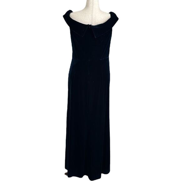 OLEG CASSINI Velvet Off-the-Shoulder Sheath Maxi with Ruffle Navy Size 14 - Picture 15 of 15